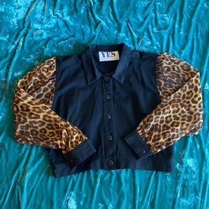 Leopard Detailed Black Jean Jacket